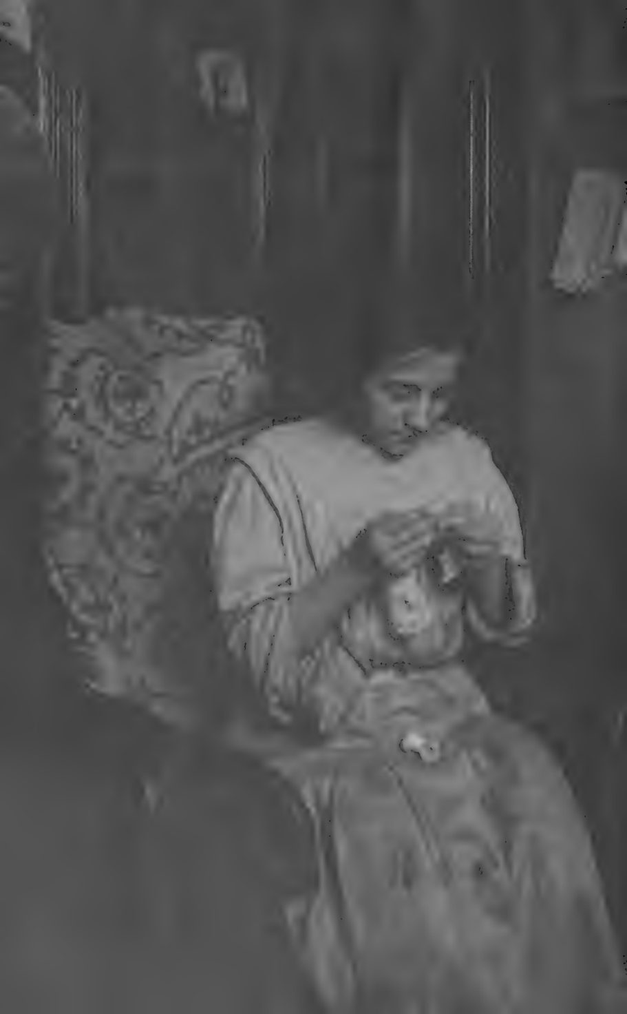 Detail of a photograph of young seamstresses working on Irish lace in New York City, 1912.