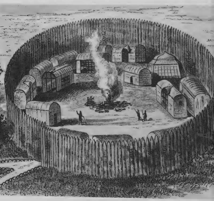 Woodcut showing a palisaded Native American town, like those of the Powhatans near Jamestown.