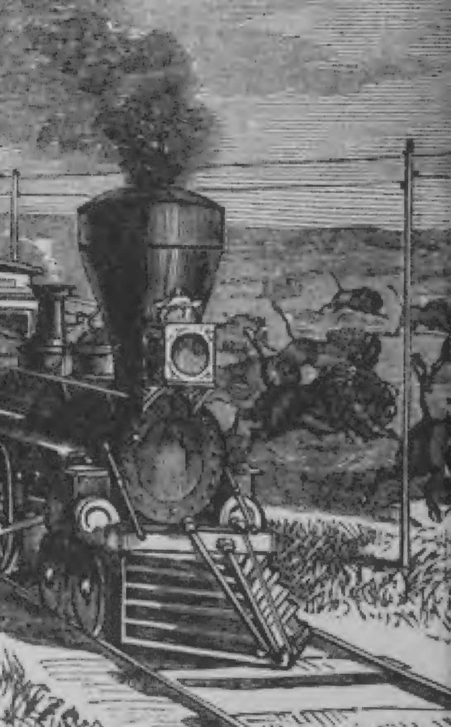 Detail of an illustration of white hunters shooting buffalo from a moving train, around 1870.